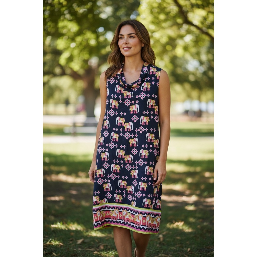Crown & Ivy Elephant Print Sun Dress Sleeveless Shift Summer,Size 4